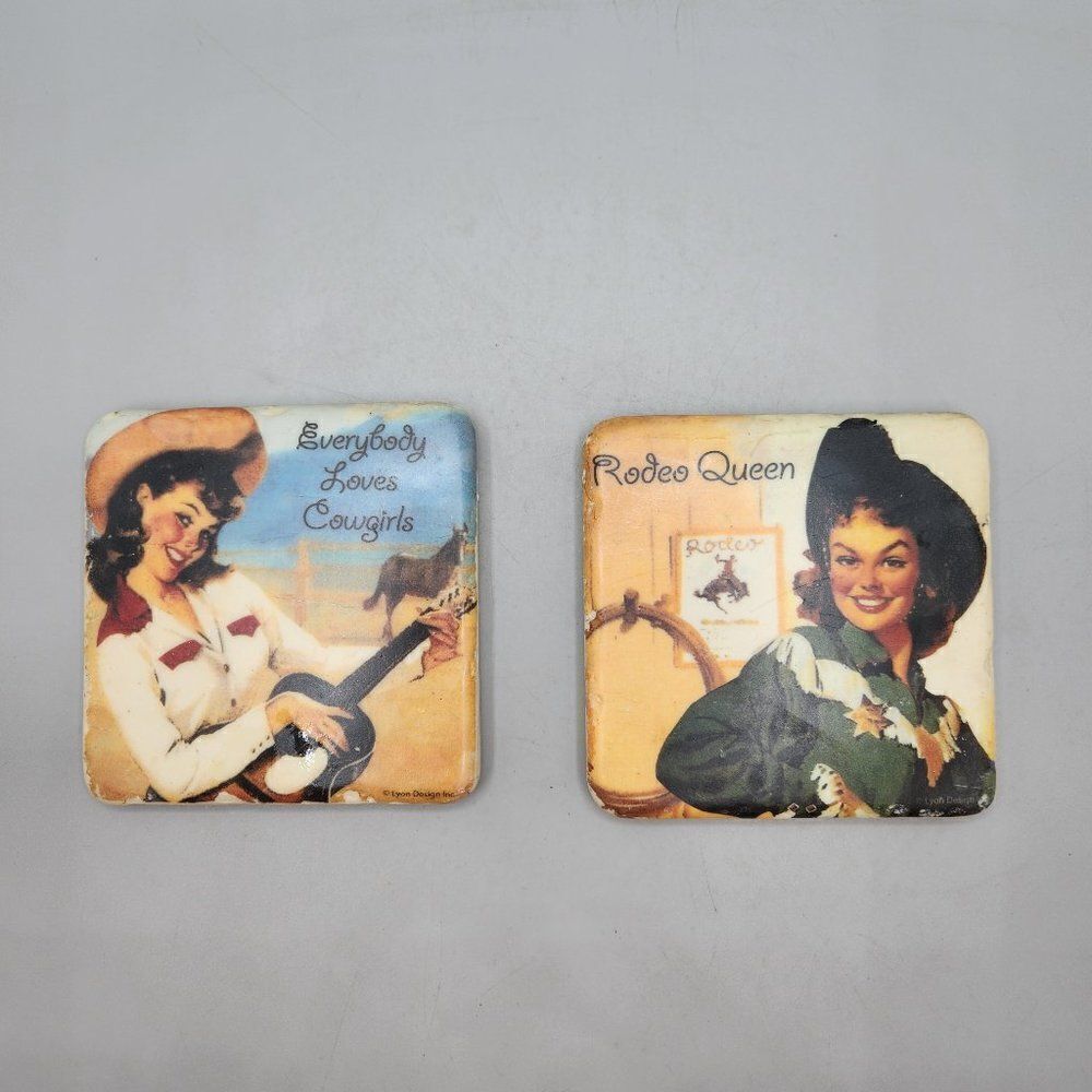 2 Retro Cowgirl Coasters Lyon Design Inc Ceramic Cork 4" Vintage Look Bar
